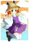  bad_id bad_pixiv_id blonde_hair brown_eyes chagen_kokimu frog hairband hat highres jumping light_smile moriya_suwako pinching_sleeves short_hair smile solo thighhighs touhou white_legwear yellow_eyes 