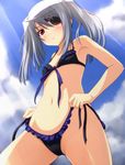  :&lt; armpits bikini blush cloud day dutch_angle eyepatch flat_chest frilled_bikini frills from_below front-tie_top infinite_stratos laura_bodewig light_rays long_hair navel negija outdoors red_eyes side-tie_bikini silver_hair sky solo sunbeam sunlight swimsuit tsurime 