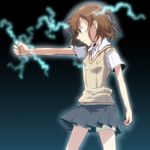  ang brown_eyes brown_hair coin electricity misaka_mikoto school_uniform short_hair shorts solo sweater_vest to_aru_kagaku_no_railgun to_aru_majutsu_no_index 