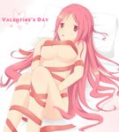  :o artist_request blush breasts collarbone copyright_request highres knees_up long_hair looking_at_viewer medium_breasts naked_ribbon nipples nude parted_lips pink_hair red_eyes red_ribbon ribbon solo tareme text_focus very_long_hair 