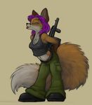  anthro big_feet canine dog_tags eyes_closed female fluffy_tail fox geena_gonorah gun hair ipoke mammal purple_hair ranged_weapon shotgun solo stryker weapon 