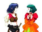  2girls belt blue_hair choker dress eye_contact farah_oersted gloves green_eyes green_hair hand_on_hip long_hair marone_bluecarno midriff navel red_eyes ribbon_choker short_hair shorts smile sword tales_of_(series) tales_of_eternia weapon yuri 