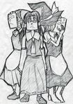  apron boots dress face frills giragira_megane_dan greyscale hakurei_reimu hat henohenomoheji izayoi_sakuya kirisame_marisa maid monochrome multiple_girls paper parody pop'n_music skirt touhou traditional_media witch witch_hat 