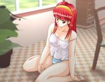  bangs chair fujisaki_shiori headband jpeg_artifacts kneeling long_hair panties patio red_eyes red_hair see-through striped striped_panties tank_top tokimeki_memorial underwear 