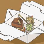  ahoge animal_ears box cake cat_ears cat_tail chibi chocolate dress eating food green_dress hair_ornament in_box in_container minigirl original pocky solo tail yunkaasu_(kakushiaji) 