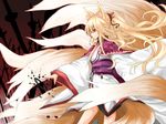  animal_ears blonde_hair foxgirl hoshino_yuu japanese_clothes long_hair original ponytail red_eyes tail 