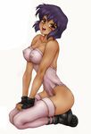  bare_shoulders boots breasts cleavage covered_nipples fingerless_gloves ghost_in_the_shell gloves highres kneeling kusanagi_motoko leotard medium_breasts open_mouth orange_eyes parody purple_hair purple_leotard short_hair smile solo style_parody tan thighhighs thighs toyomaru 