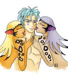  animal_ears bare_shoulders blonde_hair blue_hair cat_ears closed_eyes eriya_(tenkuu_no_escaflowne) folken_fanel grey_hair hand_on_another's_chest harem hug licking lipstick long_hair lowres makeup multiple_girls naria_(tenkuu_no_escaflowne) nude red_eyes siblings sisters tenkuu_no_escaflowne tongue 