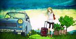  bag blonde_hair car flower glasses grass ground_vehicle highres house light_smile long_hair md5_mismatch motor_vehicle redjuice road_sign rolling_suitcase sandals sign sky solo star suitcase supercell trabant tree yellow_eyes 