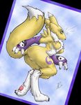  blue_eyes breasts canine claws digimon female fox framed gloves looking_at_viewer pussy renamon shocked sitting solo tail unknown_artist yellow 