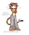  &hearts; 2001 aimee aimee_major bandage blue_eyes brown_hair cargo_pants collar feline female hair panties solo tiger underwear 