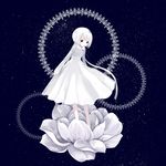 arms_at_sides bangs black_eyes bob_cut dark_background dress flat_chest flower grey_dress highres lace light_particles long_sleeves looking_at_viewer on_flower original parted_lips solo standing sym_(s-a) white_dress white_flower white_hair 