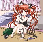  animal_ears barefoot black_panties brush camisole cat_ears cat_tail dressing hair_brush hairdressing hand_in_hair kaenbyou_rin long_hair multiple_tails panties red_eyes red_hair ribbon sitting solo tail touhou twintails underwear underwear_only usakou 