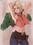  abs armpits belt blonde_hair blue_eyes blue_mary breasts covered_nipples denim fatal_fury jeans large_breasts loose_belt muscle pants solo the_king_of_fighters zenkou 
