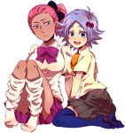  2girls blue_eyes blush bow breasts dark_skin eyebrows frown fubuki_shirou genderswap green_eyes hair_bow inazuma_eleven inazuma_eleven_(series) kneehighs large_breasts looking_back multiple_girls open_mouth pink_hair ponytail school_uniform short_hair side_ponytail sitting smile someoka_ryuugo white_hair 