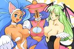  animal_ears asymmetrical_docking bare_shoulders bat_wings big_hair blue_eyes blue_hair blue_skin blush_stickers breast_press breasts brown_eyes cat_ears chinese_clothes cleavage cleavage_cutout demon_girl demon_wings fang felicia flipped_hair fur green_eyes green_hair hairband hat head_wings jiangshi large_breasts lei_lei long_hair low_wings morrigan_aensland multiple_girls navel ofuda one_eye_closed open_mouth oyatsu_(mk2) pantyhose short_hair sleeves_past_wrists slit_pupils smile succubus vampire_(game) very_long_hair wings 