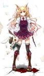 animal_ears blonde_hair blood boots dripping flying_paper glycyrrhizae highres knife long_hair original paper plaid plaid_skirt red_eyes skirt smile solo standing stuffed_animal stuffed_bunny stuffed_toy thighhighs 