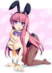  all_fours animal_ears bare_shoulders between_breasts blush body_blush breasts bunny_ears bunny_girl bunnysuit cleavage food highres kawase_seiki large_breasts long_hair looking_at_viewer megurine_luka mouth_hold nail_polish pantyhose pink_hair pocky solo tattoo vocaloid wrist_cuffs 