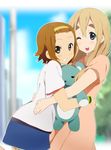  blonde_hair blue_eyes brown_eyes brown_hair casual eyebrows grin hairband hug k-on! kisuke_(akutamu) kotobuki_tsumugi long_hair multiple_girls one_eye_closed open_mouth short_hair smile tainaka_ritsu thick_eyebrows 