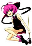 antenna_hair dress highres magical_girl onija_tarou original pink_hair purple_eyes ribbon short_hair smile socks solo wand 