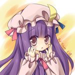  blush crescent hands_on_own_face hat highres long_hair no_nose open_mouth patchouli_knowledge portrait purple_eyes purple_hair ribbon signature silver15 solo touhou 