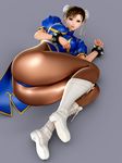  3d absurdres ass big_ass boots bracelet bracelets breasts brown_eyes brown_hair capcom china_dress chinadress chinese_clothes chun-li curvy double_bun double_buns dress female full_body gradient gradient_background hair_buns hair_ornament highres huge_ass jewelry legs lying on_side pantyhose solo spiked_bracelet spiked_bracelets spikes stockings street_fighter thick_thighs thighhighs thighs 