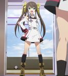  bare_shoulders boots brown_hair brunette cap fang fang_lin_yin flat_chest green_eyes hair_ribbon hand_on_hip hips huang_lingyin infinite_stratos kneehighs kneesocks long_hair open_mouth ponytails ribbon school_uniform screencap twintails uniform 