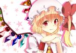  bad_id bad_pixiv_id bajinappo blonde_hair bow crystal face flandre_scarlet hands hat hat_bow red_eyes side_ponytail smile solo touhou wings wrist_cuffs 