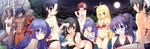  1boy 6+girls aqua_eyes bikini black_eyes black_hair blonde_hair blood blue_eyes blue_hair breasts brown_eyes can cola dark_skin drink flower hair_flower hair_ornament highres long_hair mixed_bathing multiple_girls muscle nosebleed onsen ponytail purple_hair red_eyes red_hair short_hair silver_rain smile swimsuit tajima_yoshikazu very_long_hair water wink yellow_eyes 