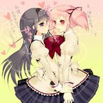  akemi_homura black_hair blush hair_in_mouth hairband heart kaname_madoka long_hair mahou_shoujo_madoka_magica mitakihara_school_uniform multiple_girls pink_eyes pink_hair purple_eyes school_uniform short_hair tomohide twintails yuri 