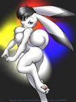  2000 black_hair blue_eyes bokko breasts chest_tuft claws dr_comet ear_markings female hair lagomorph long_ears looking_at_viewer looking_over_shoulder rabbit raised_tail short_hair solo standing tail white 