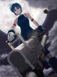  bare_shoulders blue_eyes blue_hair casing_ejection ciel gun moon pile_bunker powerd_ciel seventh_holy_scripture shell_casing solo tattoo tsukihime weapon 
