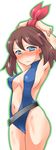  absurdres blue_eyes blush bound bound_wrists brown_hair embarrassed haruka_(pokemon) highres one-piece_swimsuit pokemon ribbon swimsuit tied tied_up 