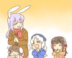  &gt;_&lt; =_= animal_ears blush brown_hair bunny_ears bunny_tail closed_eyes happy houraisan_kaguya inaba_tewi koyama_shigeru multiple_girls open_mouth praying purple_hair reisen_udongein_inaba scarf sweat tail touhou white_hair yagokoro_eirin younger 