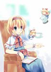  alice_margatroid bad_id bad_pixiv_id blonde_hair blue_eyes book boots capelet chair cup doll hairband shanghai_doll short_hair sitting solo tea teacup teapot tensousui touhou wings wrist_cuffs 