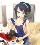  black_cat black_hair blush breasts cat cellphone chair cleavage coffee computer food glasses green_eyes headphones jitome kikuno_mira laptop medium_breasts mouse_(computer) mouth_hold naked_overalls original overalls phone pocky porurin shiori_series sideboob sidelocks sitting solo speaker strap_lift strap_pull television 