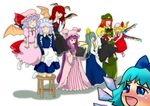  alternate_hair_color bat_wings blue_eyes book braid chinese_clothes cirno computer daiyousei flandre_scarlet floating highres hong_meiling izayoi_sakuya kana_tako kneeling koakuma laptop lineup maid multiple_girls patchouli_knowledge red_eyes remilia_scarlet rumia stool tears the_embodiment_of_scarlet_devil touhou twin_braids wings 