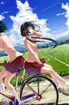  absurdres back-to-back bicycle black_hair closed_eyes cloud condensation_trail day dutch_angle field ground_vehicle headphones highres hill long_hair multiple_girls multiple_riders original phantania power_lines riding school_uniform skirt sky twintails 