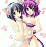  arm_bands big_breasts black_hair blush bra breasts cat ears feline female green_eyes hair hand_holding looking_at_viewer panties purple purple_eyes purple_hair siblings skimpy smiles tail twins underwear white 