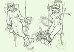  bdsm black_and_white breasts catwolf chair eyes_closed feather female greyscale monochrome muzzle_(object) muzzled nipples nude pussy sketch solo tickle tickling 