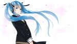  blazer blue_eyes blue_hair blush bug butterfly buttons hair_ribbon hatsune_miku highres insect jacket kurasawa_moko long_hair open_mouth petals ribbon school_uniform simple_background solo twintails v_arms vocaloid wind 