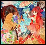  alternate_costume apple bad_id bad_pixiv_id blue_eyes blue_hair boots border chair cloud door flower food fruit geta gyoe holding_hands japanese_clothes kimono kyubey long_hair mahou_shoujo_madoka_magica miki_sayaka multiple_girls musical_note oktavia_von_seckendorff ponytail rain red_eyes red_hair sakura_kyouko short_hair thighhighs yukata 