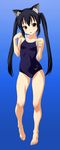  animal_ears barefoot black_eyes brown_eyes cat_ears competition_school_swimsuit highres k-on! long_hair nakano_azusa norizou_type-r one-piece_swimsuit paw_pose solo swimsuit twintails 