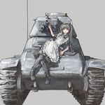  apron black_legwear boots caterpillar_tracks frills grin ground_vehicle h39 hogeo light_tank long_hair maid military military_vehicle motor_vehicle on_vehicle original pantyhose pigeon-toed simple_background smile solo tank twintails 