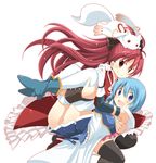  :3 :d black_legwear blue_eyes blue_hair bow cape carrying hair_bow kyubey long_hair magical_girl mahou_shoujo_madoka_magica miki_sayaka multiple_girls open_mouth panties pikachi ponytail princess_carry red_eyes red_hair sakura_kyouko short_hair skirt smile striped striped_panties thighhighs underwear upskirt white_legwear 