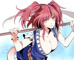  atoshi bottomless breasts cleavage hair_bobbles hair_ornament highres large_breasts leaning_forward md5_mismatch no_bra onozuka_komachi over_shoulder pink_hair red_eyes scythe short_hair solo touhou two_side_up weapon weapon_over_shoulder 