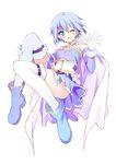  ;d ankle_boots blue_eyes blue_hair blush boots cape full_body gloves hayakawa_harui legs long_legs magical_girl mahou_shoujo_madoka_magica miki_sayaka one_eye_closed open_mouth short_hair simple_background smile solo thighhighs thighs waving white_gloves white_legwear 