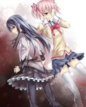  akemi_homura back-to-back bad_id bad_pixiv_id black_hair kaname_madoka keikotsu long_hair magical_girl mahou_shoujo_madoka_magica mitakihara_school_uniform multiple_girls pantyhose pink_hair red_eyes school_uniform tears 