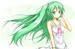  bracelet dress flower green_eyes green_hair hair_flower hair_ornament hatsune_miku jewelry karamoneeze lily_(flower) long_hair project_diva_(series) project_diva_2nd smile solo vocaloid 