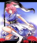  bad_id bad_pixiv_id clog_sandals flower hair_bobbles hair_ornament itoo obi onozuka_komachi red_eyes red_hair sandals sash scythe short_hair smile solo spider_lily touhou 